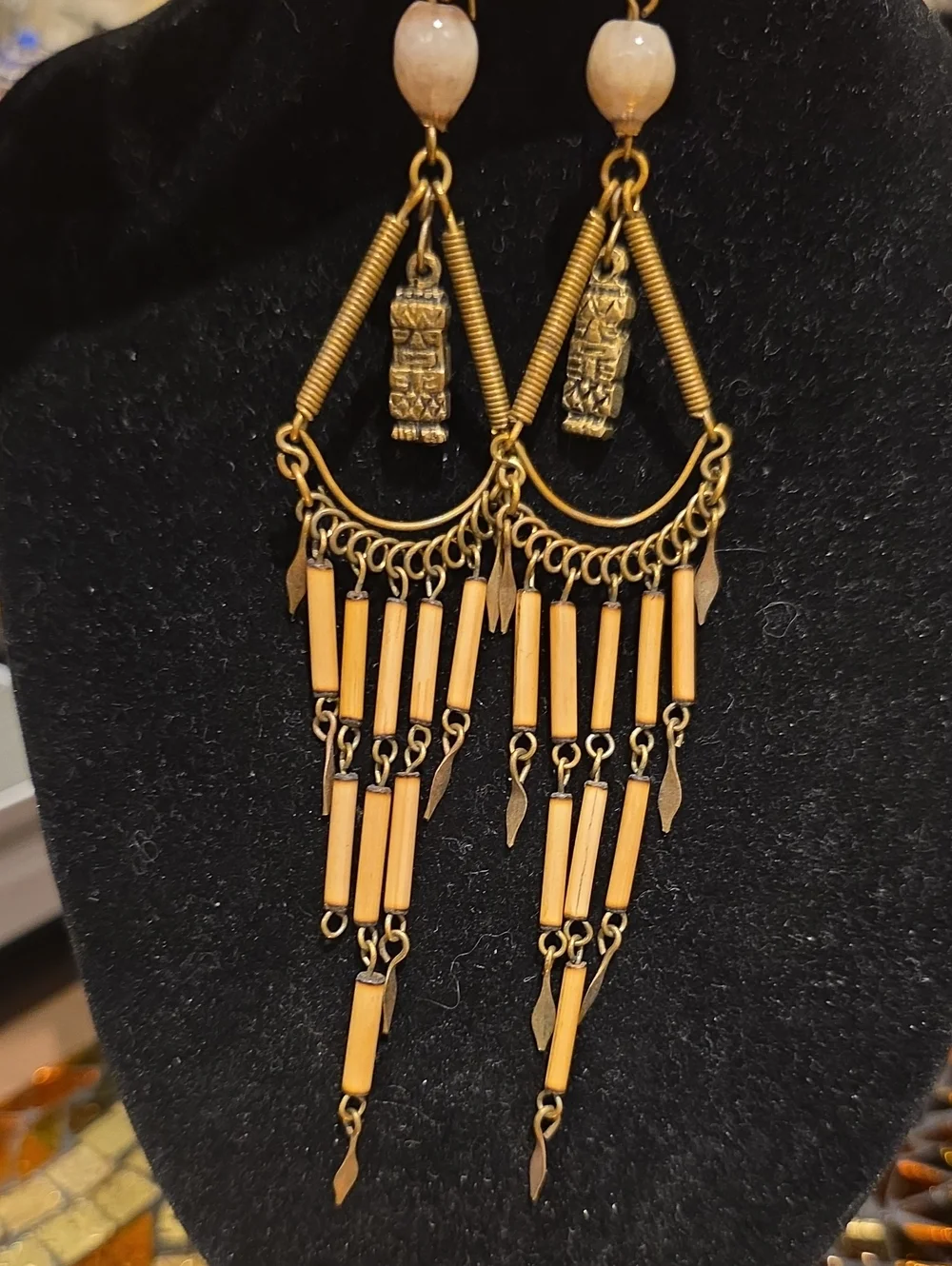 HOBO Gold-Tone and Beige Dangling Bead Fringe Earrings